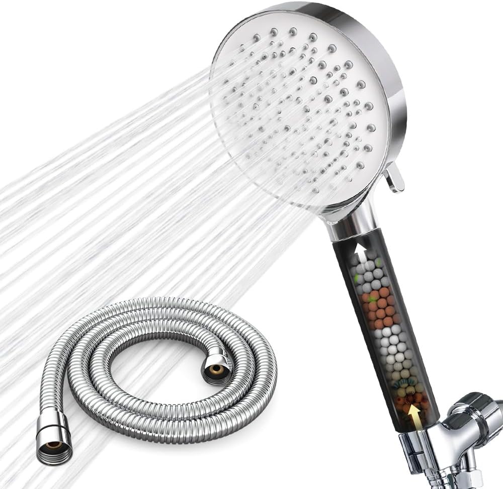NewentorFiltered Shower Head, Black High Pressure 6 Spray Modes Handheld Shower Head with 59" Hose and Bracket, 3 Stage Water Softener Shower Head Filters for Hard Water