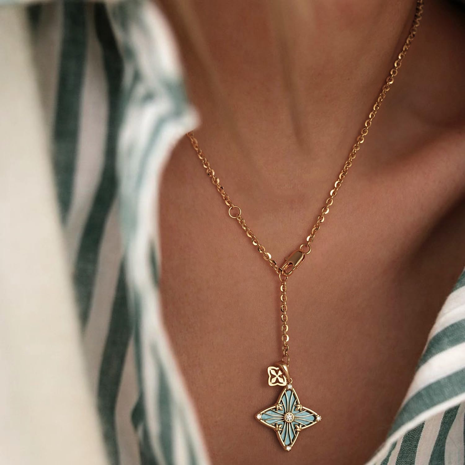 MYEARS Women Clover Necklace Pendant Lapis Lazuli/Mother of Pearl/Turquoise/Yellow Tiger's Eye Cubic Zirconia 14K Gold Simple Dainty Chain Everyday Trendy Lucky Jewelry - Image 3