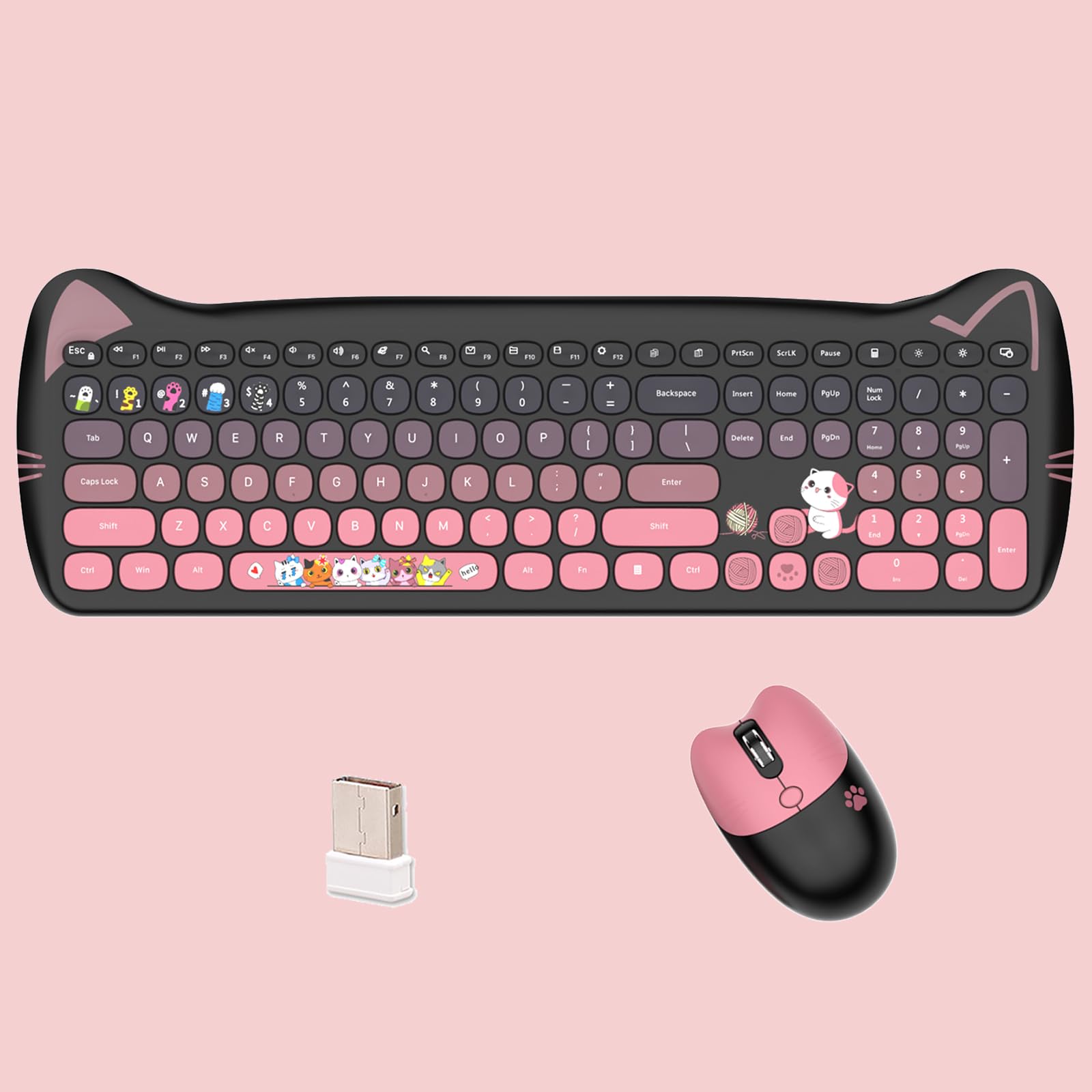 Cute Cat Ensemble clavier et souris USB sans fil 2,4 G, touches silencieuses, couleurs bonbon, compatible avec ordinateur portable, PC (noir-rose-110 touches)