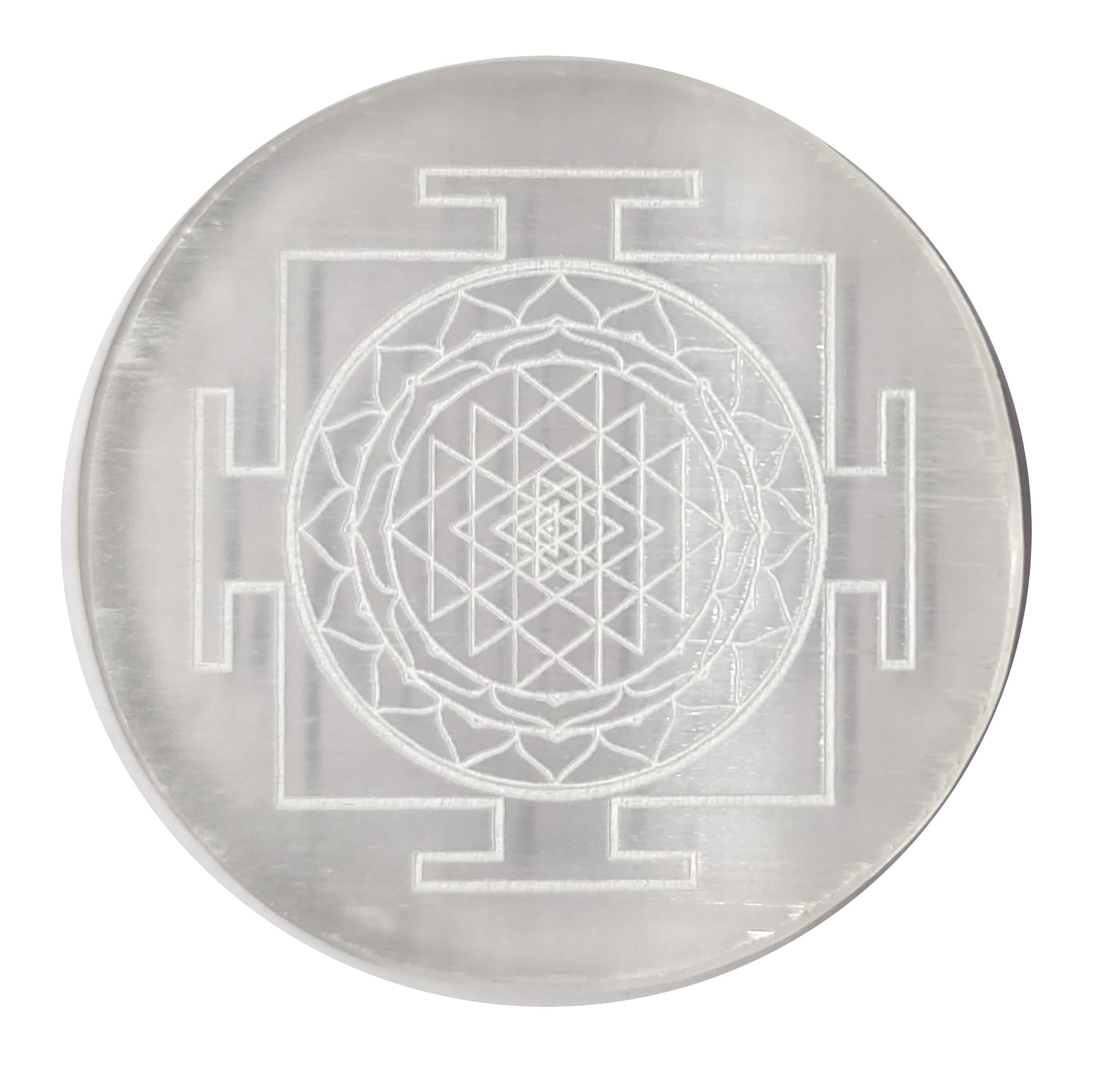 Rocksmins Shree Yantra Round Natural Engraved Selenite Crystal Charging Plate 3 Inch with Hand Carving Reiki Symbols for Charging Cleansing Recharge Crystals Gems Stone Healing Meditation White