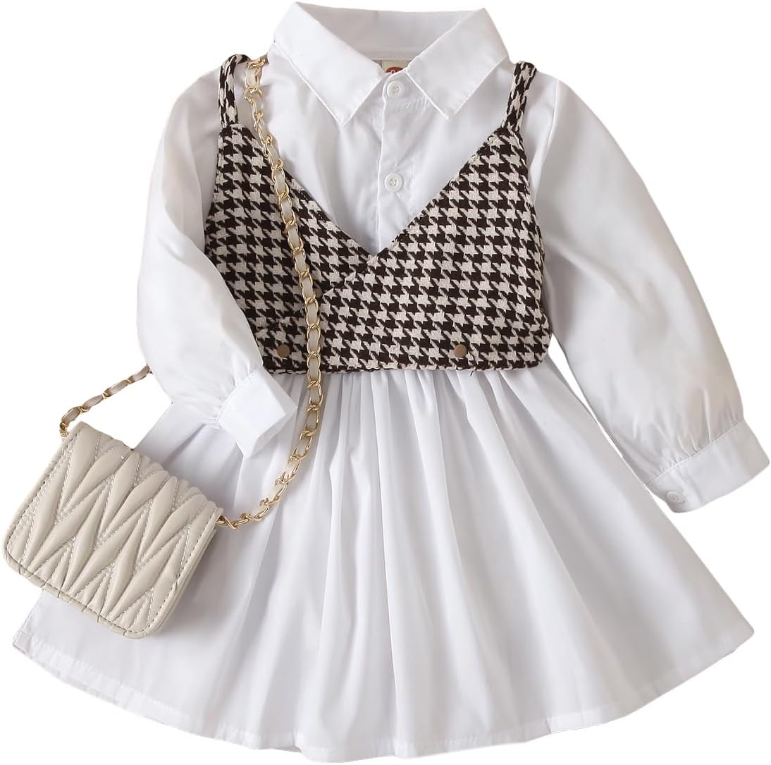 WDIRARA Toddler Girl's 2 Piece Outfits Houndstooth Print Flared Shirt Dress and Cami Tops Set