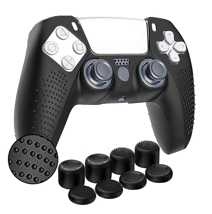 OIVO INDIA Black Dotted Design Cover for PS5 Game Controller Remote Sleeves with Black ThumbGrip Set