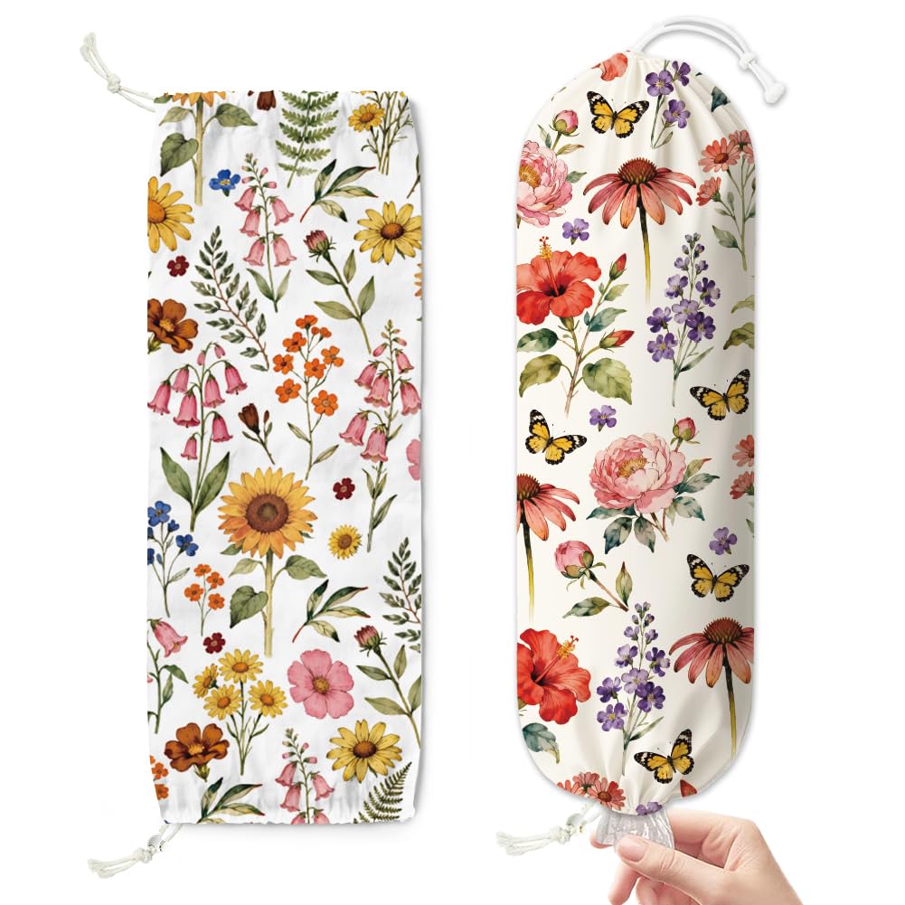 Doodlream 2PCS Colorful Flowers Plastic Bag Holder, Floral Hanging Grocery Bag Organizer with Drawstring Bottom, 58.5 x 23 cm Garden Large Storage Bags Dispenser Canvas Reusable Washable Space Saving