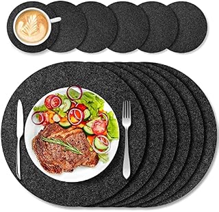 Felt Place Mat Set of 6 Wipe Clean Place Mats with Set of 6 Glass Coasters, Heat Resistant Felt Mat for Kitchen, Family and Restaurant, Dark Grey