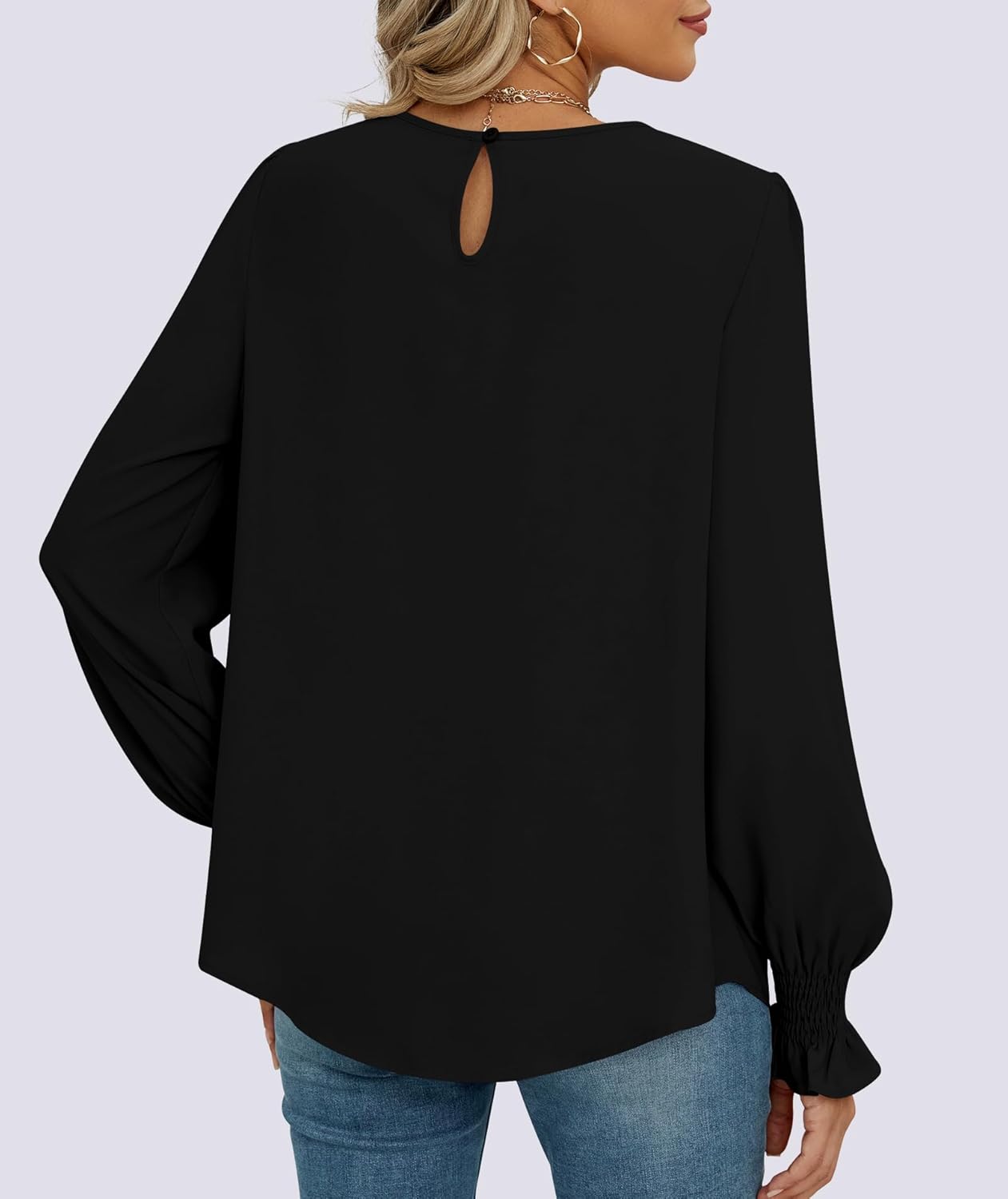 Funlingo Womens Tops Dressy Casual Smocked Long Sleeve Shirts Crew Neck Loose Chiffon Tunics Office Work Blouses - Image 5