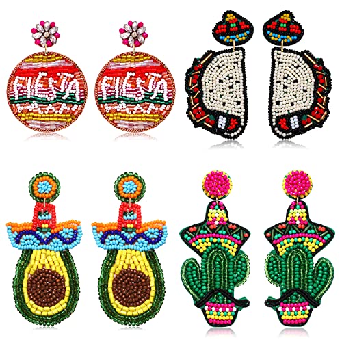 4 Pairs Mexican Earrings for Women, Fiesta Earrings, Cinco De Mayo Earrings, Beaded Piñata Sombrero Chili Pepper Earrings, Handmade Mexican Jewelry Holiday Gifts