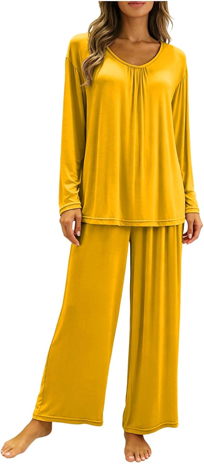 Modal Pajama Sets for Women Long Sleeve Crew Neck Summer Tops and Elastic Waist Wide Leg Pants Summer Outfits