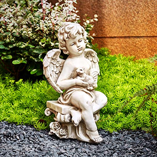 Cherub Angel Garden Statue, Angel Figurine With Squirrel Sitting On Roma Pillar, Greek Column Angel Figurine For Garden Decor, Lawn, Patio, Courtyard, Polyresin Stone Antique, 13.4 Inch #TOP3