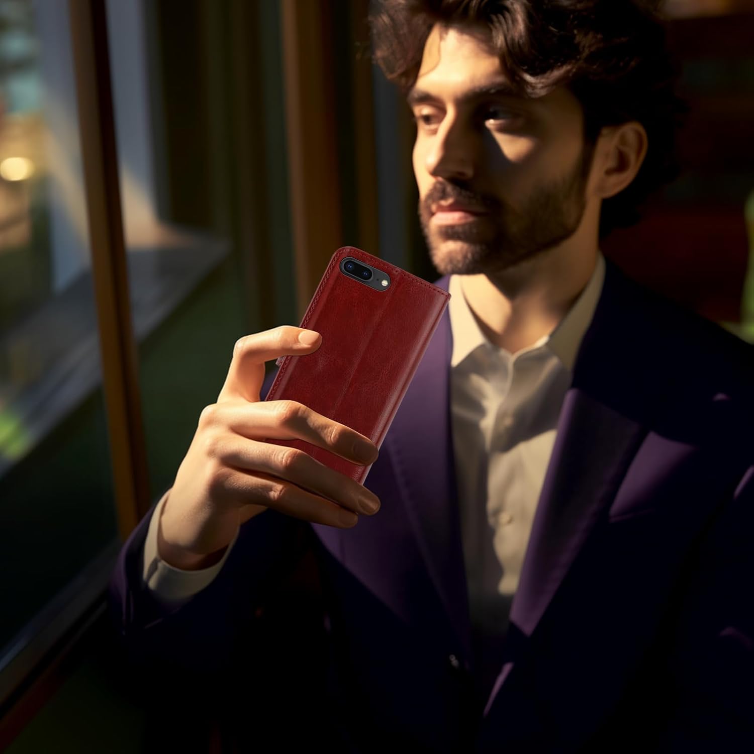 MONASAY Wallet Case Compatible for iPhone 8 Plus, iPhone 7 Plus, [Glass Screen Protector][RFID Blocking] Flip Folio Leather Cell Phone Cover with Credit Card Holder,5.5 inch, Burgundy - Image 8