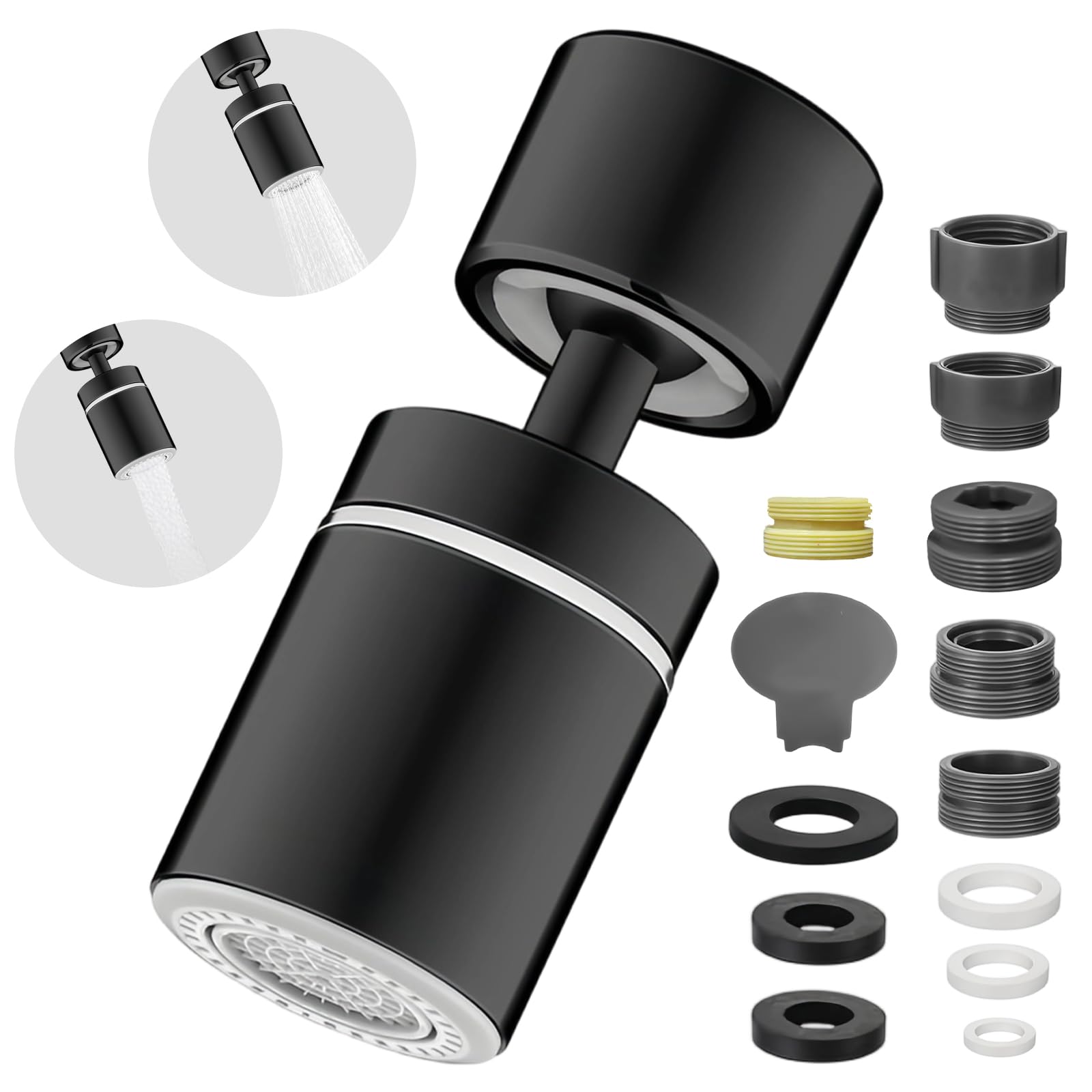 TIANLIN 360° Swivel Kitchen Tap Spray Head with Two Spray Modes, Tap Aerator for Kitchen and Bathroom Faucets, Faucet Aerator with Adapter for M22/M20/M24/F20/G1/2, Black