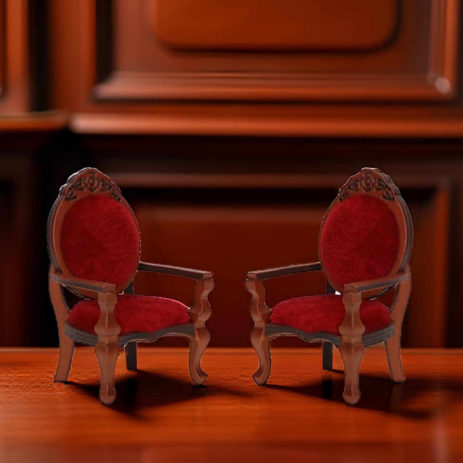 Dollhouse Chair 2PCS Miniature Furniture Retro Vintage Chair Wooden Accessories 1/12 Upholstered Victorian Carved Armchair for Christmas Decoration Ornament (A)