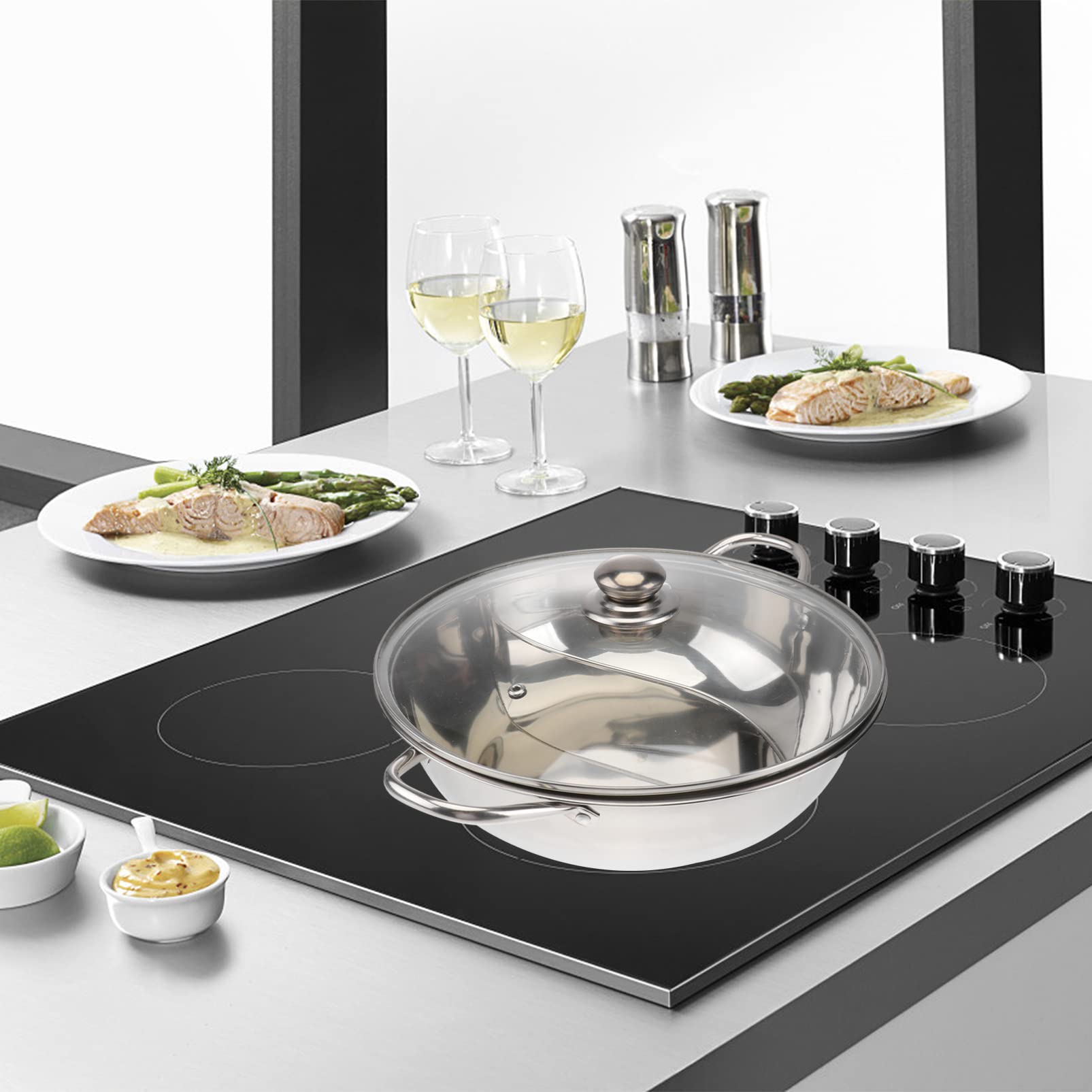 TOPBATHY Induktion Wok Elektrischer Heißer Topf Induktionskochtopf Edelstahl Isolierter Hot Pot