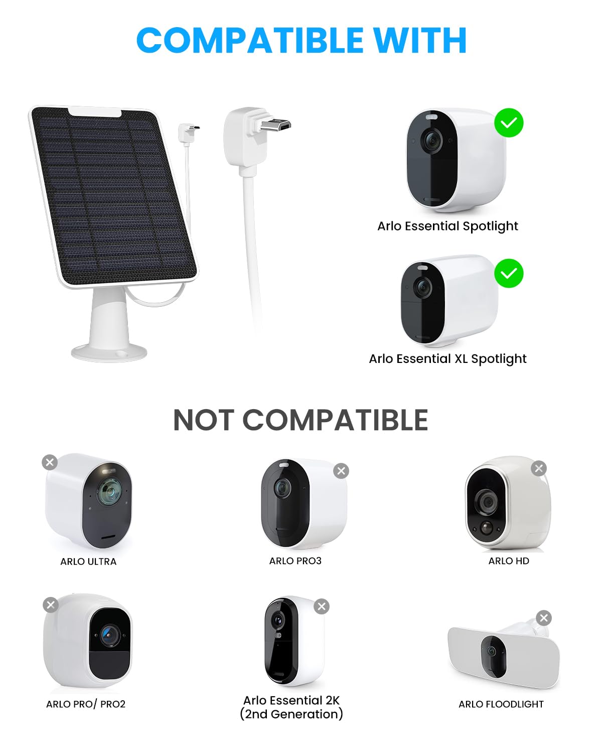 Cargador de panel solar Arlo de 5 W compatible con cámara Arlo Essential Spotlight/XL, cargador de panel solar Arlo Essential con cable de carga micro USB impermeable de 10 pies, soporte de pared