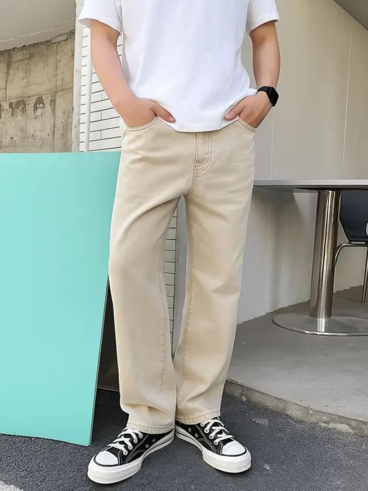 Image of Men's Beige Wide Leg Casual Jeans, Straight Fit