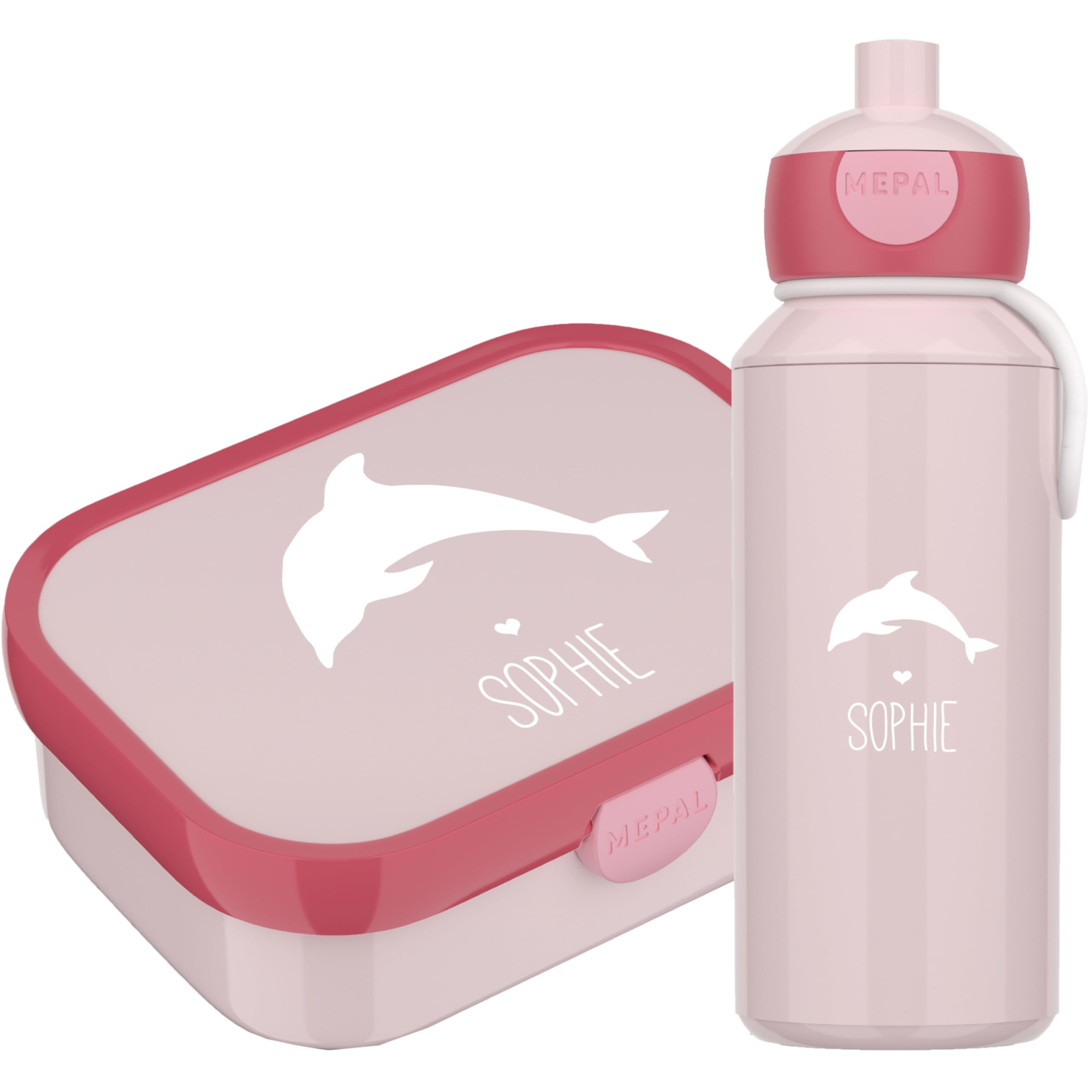 4ou Design Mepal Set Brotdose & Trinkflasche personalisiert mit Namen – Silhouette Delfin – Auslaufsicher, Bento Einsatz rausnehmbar, inkl. Snackgabel – BPA frei – Geschenk für Kinder (Cool Pink)