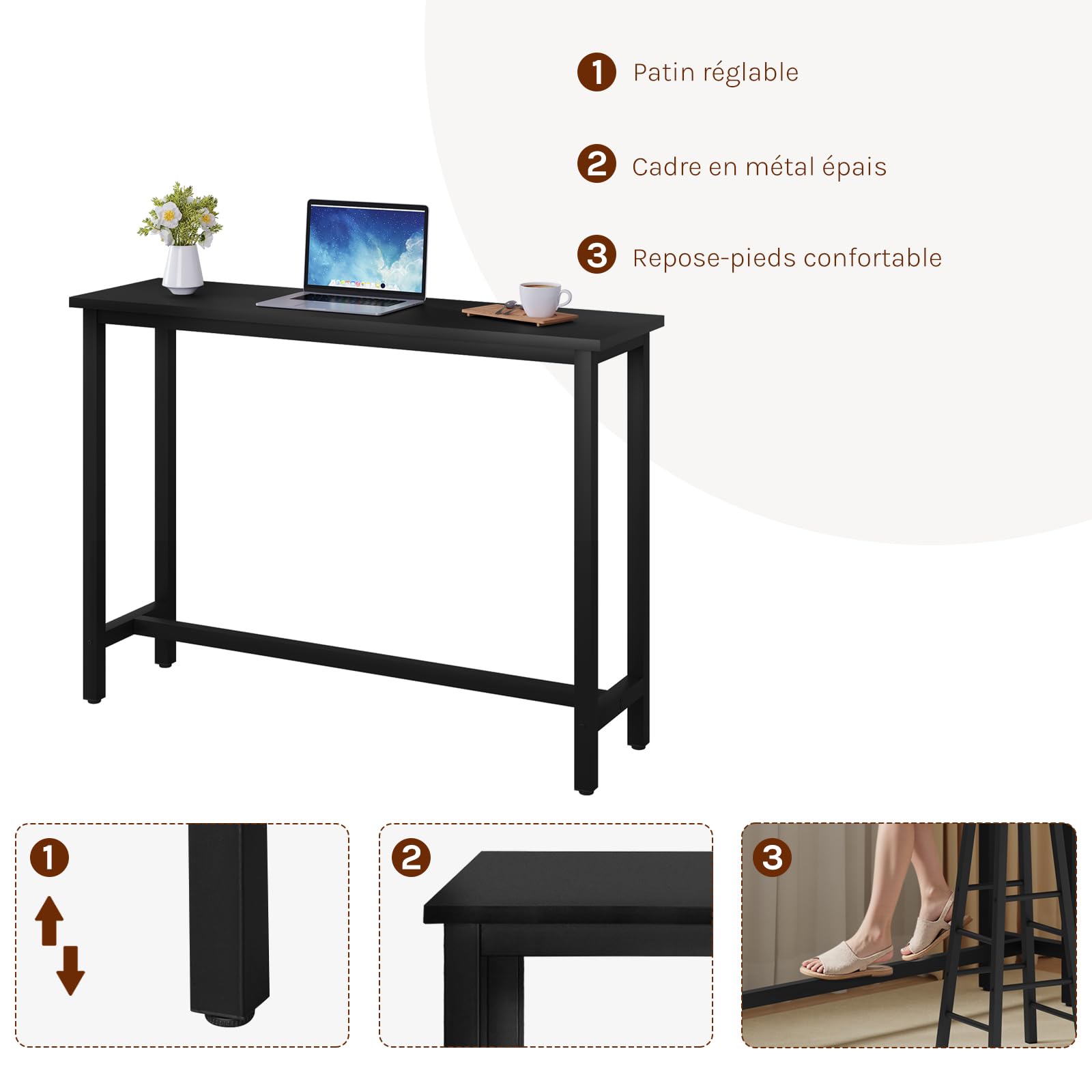WOLTU Tavolo da Bar Rettangolare Alto Tavolino per Cucina in Metallo Legno 140x40x100 cm