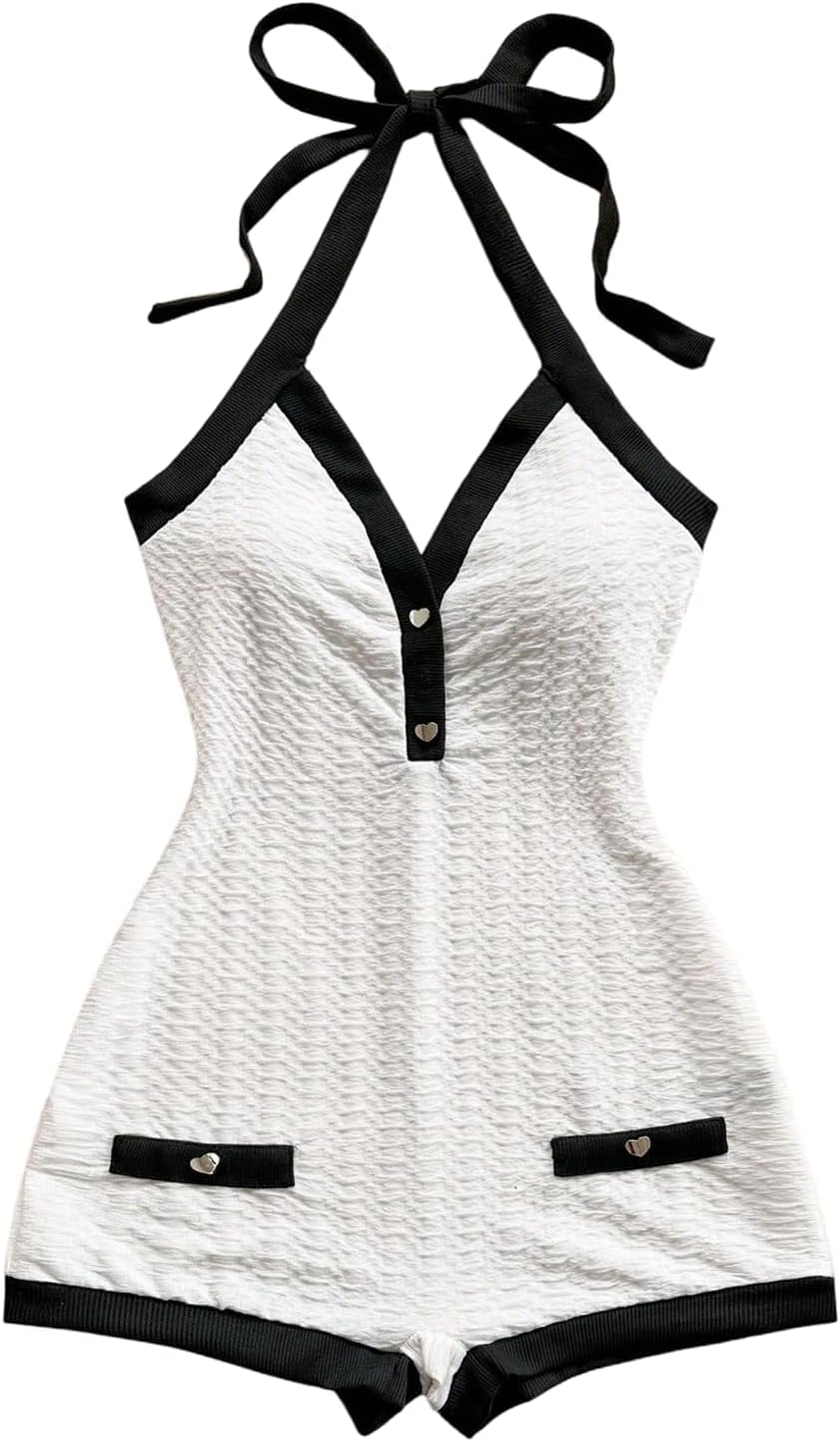 Verdusa Summer Romper Striped Halter Neck Sexy Short Romper for Women Going Out