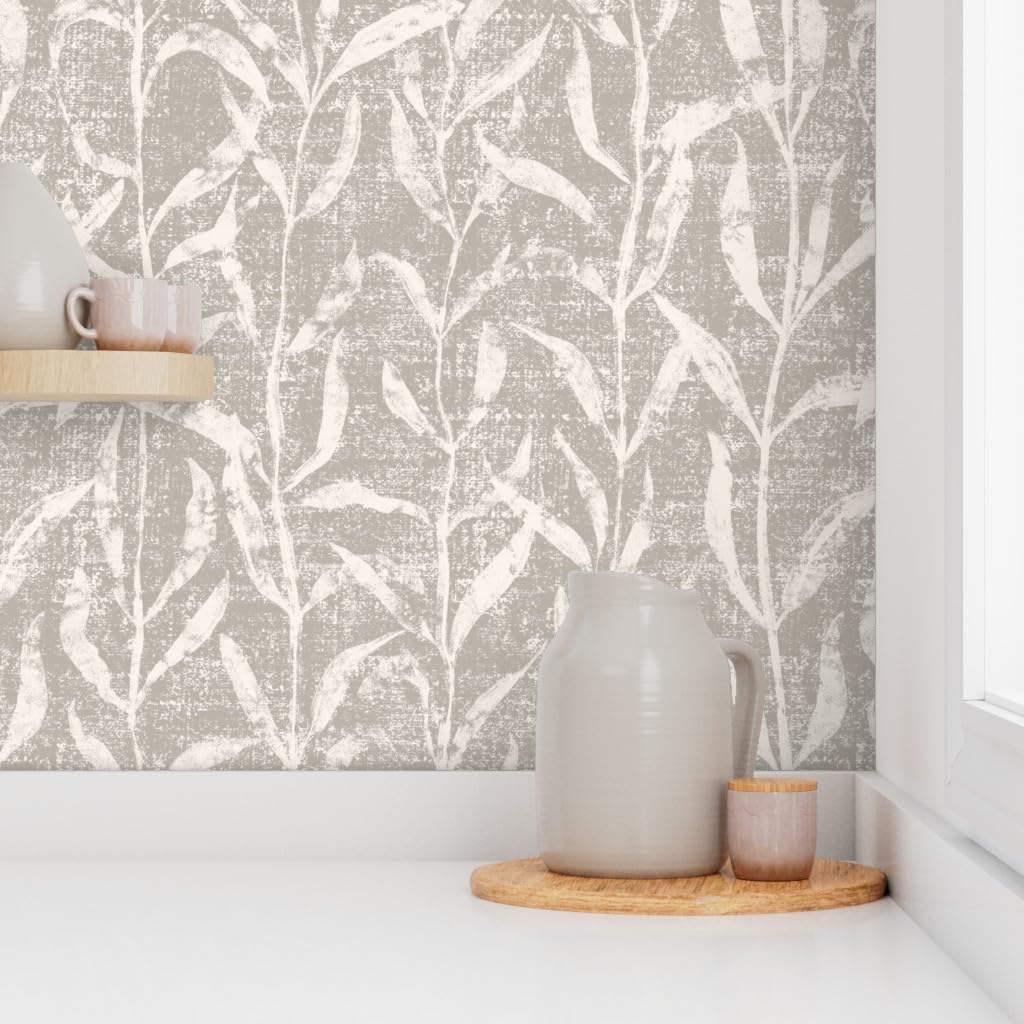Peel & Stick Wallpaper 9ft x 2ft - Farmhouse Leaves Gray Cream Vines Nature Neutral Custom Removable Wallpaper by Spoonflower