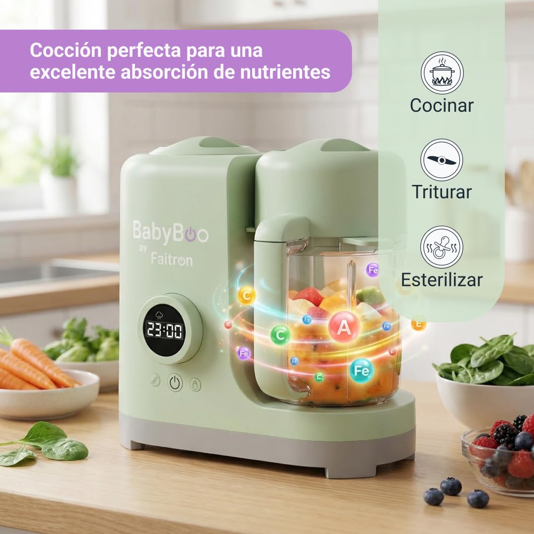 BabyBoo Robot de Cocina para Bebés 7 en 1 - Cocina al Vapor y Tritura en 20 Minutos, Potente 300W, Calientabiberones y Esterilizador, Vaso de Tritan, Cesta de Acero Inoxidable, Pantalla Digital
