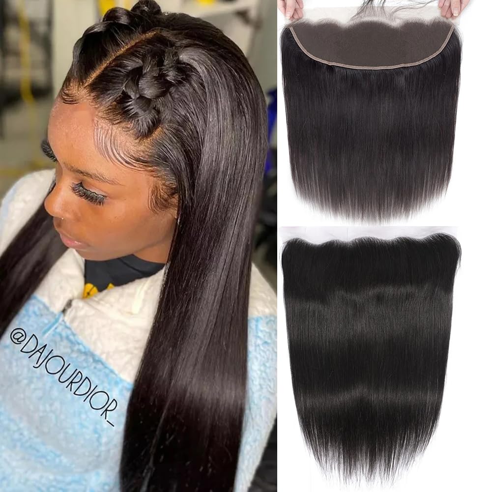 HEFABRIGHT 13X4 Lace Frontal Human Hair Straight Wave Ear To Ear Virgin Human Hair 13X4 Lace Frontal Free Part 150 Density Pre Plucked Hairline Natural Black 10 Inch