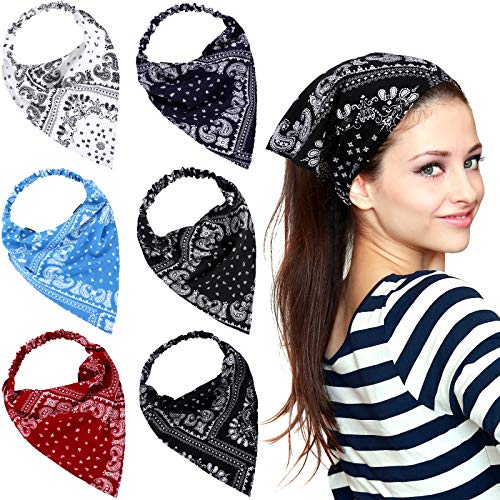 6 Pieces Elastic Hair Scarf Soft Chiffon Head Kerchief Headband Retro Hair Bandanas Turban Boho Headbands Elastic Turban Head Wrap with Hair Clips for Women Girls Hair Accessories (Retro Pattern)