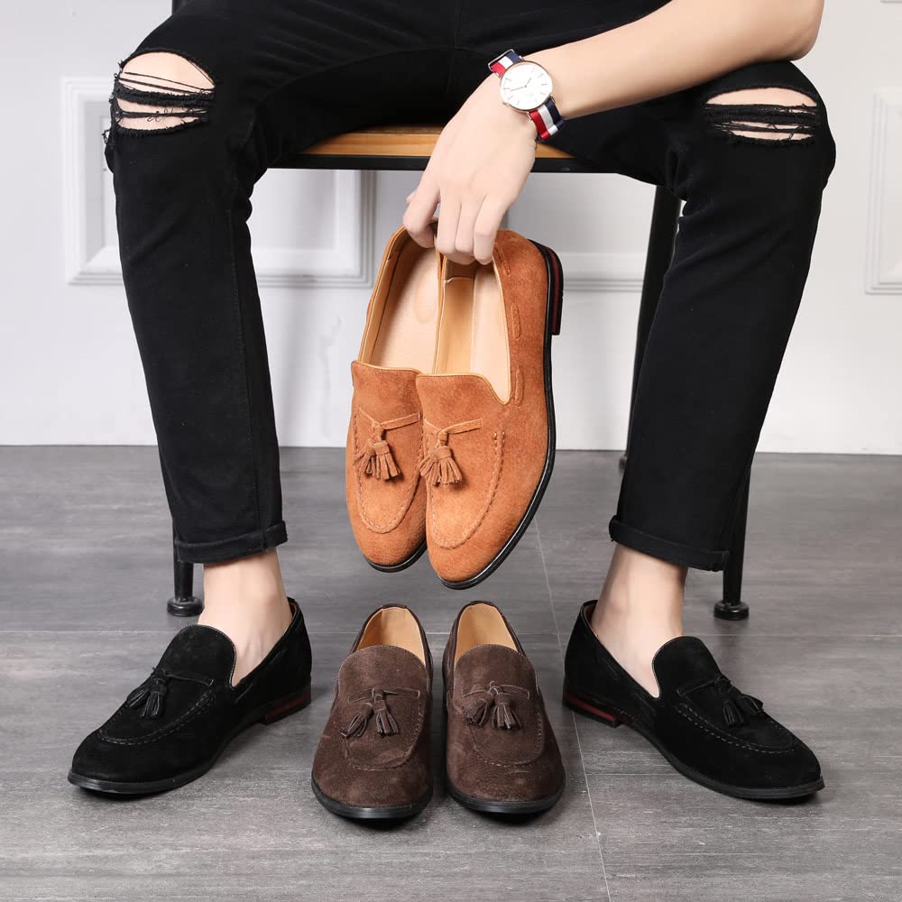 MANLADUO Mocasines de piel de ante para hombre, estilo británico, con borlas y diseño sin cordones