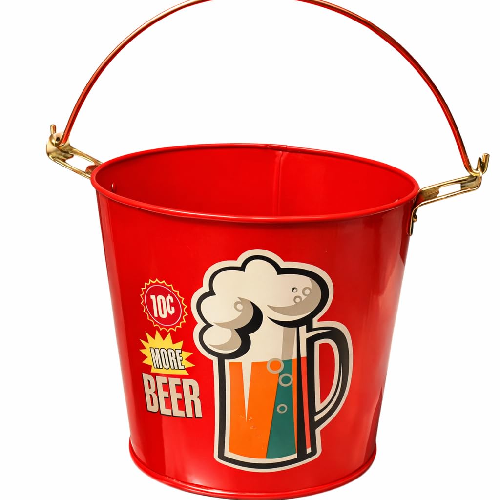 Retro Large Ice Cold Drinks Metal Bucket, Oval,Cylinder Party Beverage Tub with Handles, Available in Yellow, Red, Green, Natural Colors (Orange Bucket)