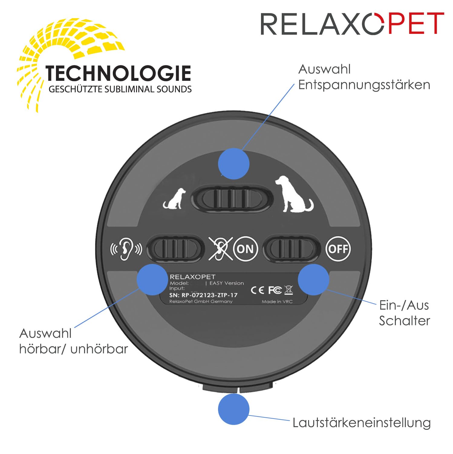 RelaxoPet Easy, Allenatore di rilassamento degli animali, calma per tutti i cani, mondi sonori ad alta frequenza per rilassarsi, certificato TÜV, noto da 'La grotta dei leoni', senza batteria