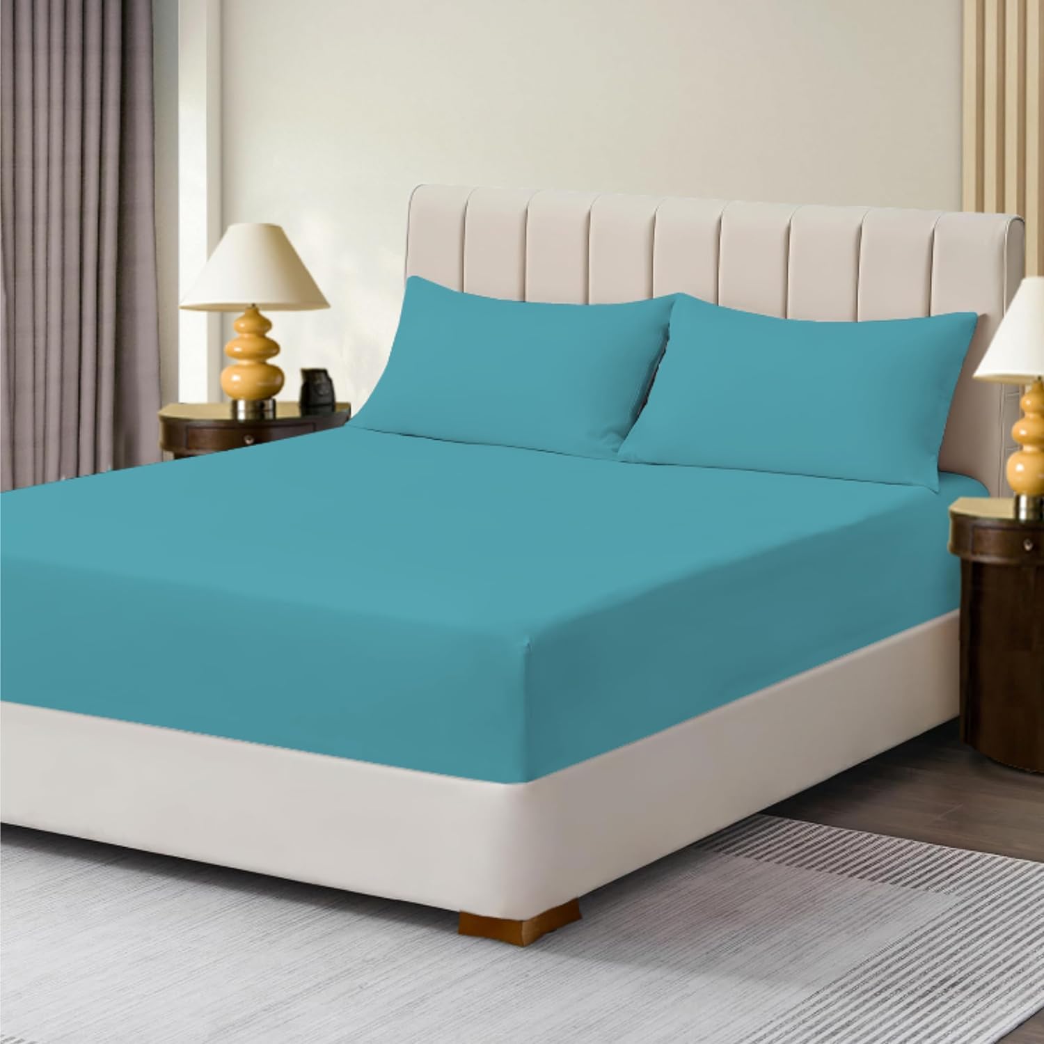R&Z Teal Extra Deep Polycotton Non Iron Fitted Sheet Easy Care 40Cm (, Pillow Pair)