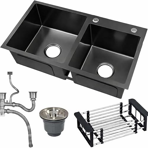 Double Bowl Kitchen Sink with Downspout and Drain Basket - 82x45x22