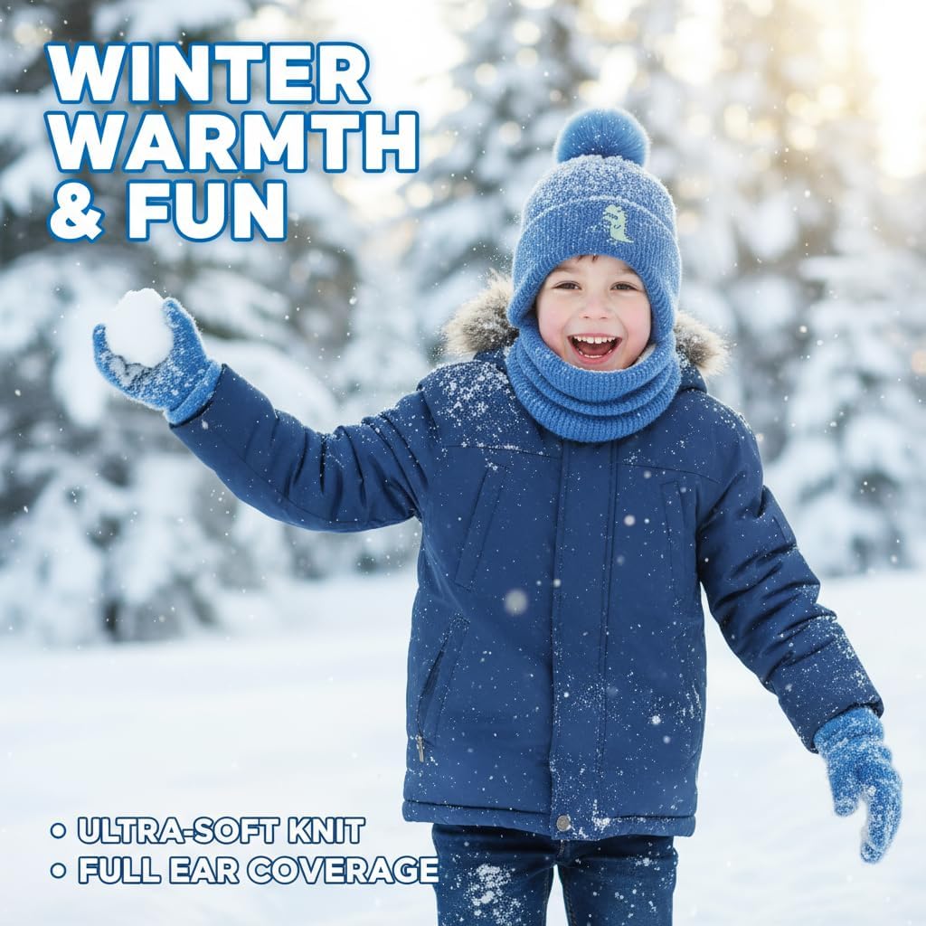 FENELY 3Pcs Kids Winter Beanie Hat Scarf Gloves Set for 4-10 Years Girls Boys Toddler Neck Warmer - Image 4