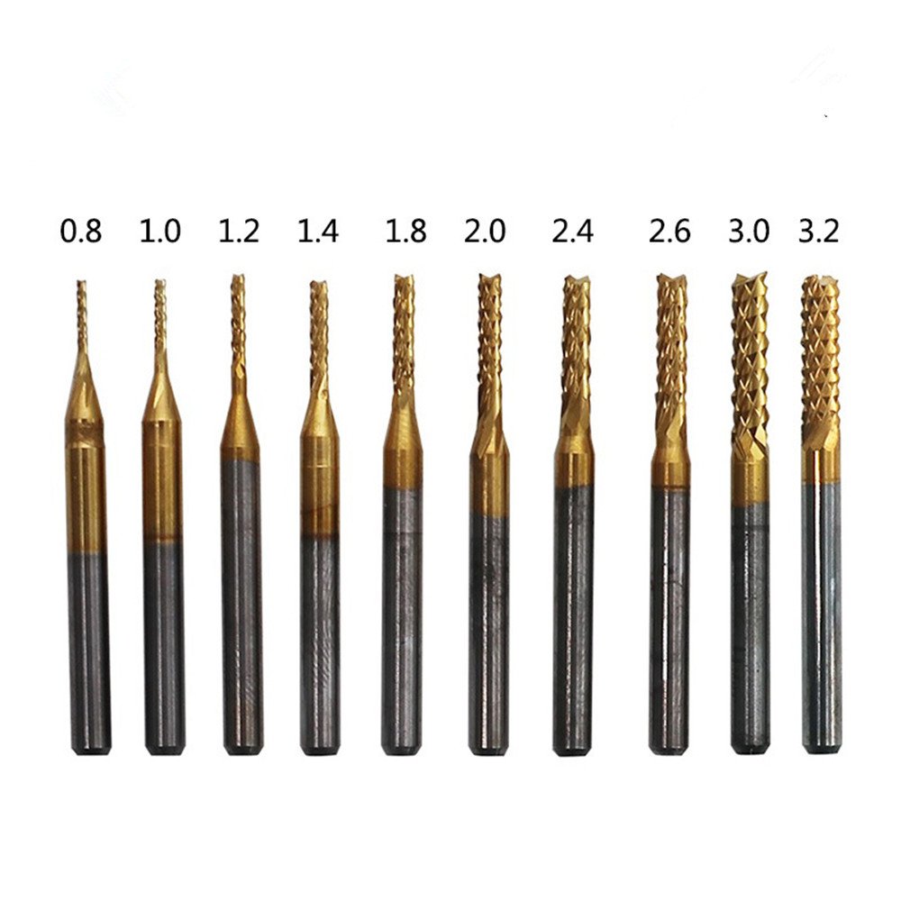 PCB Fraise Fraisage TiN coupeur carbure pour CNC Gravure Coupe 10Pcs (0.8-3.0mm)
