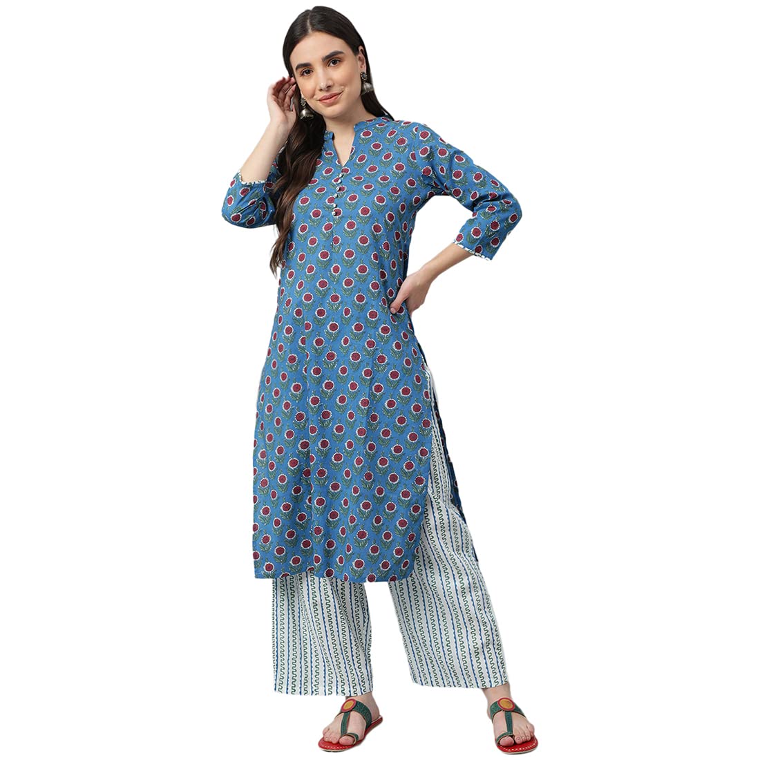 Idalia Royal Blue Printed Cotton Kurta With White Printed Palazzo Pants