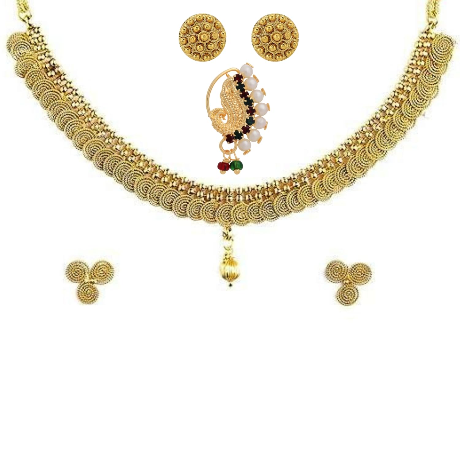 PARNA Maharashtrian Traditional Jewellery Gold Plated Thushi Necklace Kolhapuri Saaj Tanmani Studs Earrings Non Piercing Nath Nose Pin Combo Set For Women Girls (NCK-E-1189-EAR-08-NATH-809) (B0D8TKBT54) Amazon Price History, Amazon Price Tracker