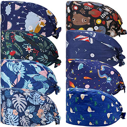 8 Piezas Gorros Bouffant Ajustables con Botones Sombreros de Corbata Estampada de Colores con Banda de Algodón (Estilos Animados)