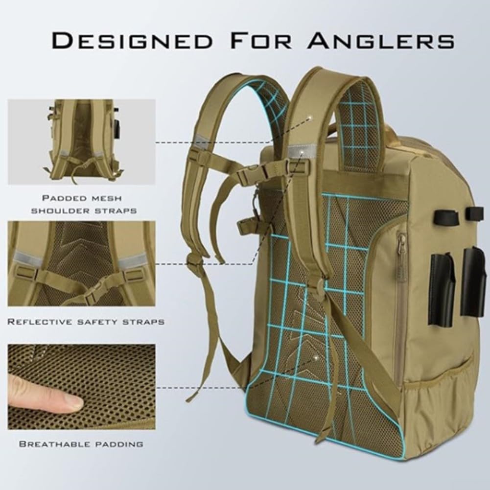Drawup Zaino da pesca da 40 l con supporto per canna, impermeabile, per pesca al mare e alla carpa, nero, Marrone, L, Tattico