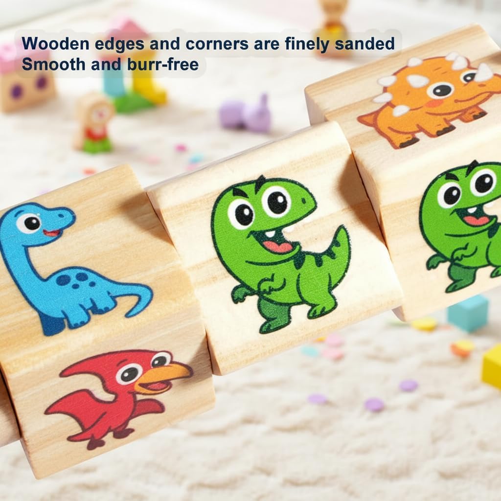 Wooden Dinosaur Matching Puzzle Game – Early Educational Toddler Rotating Block Puzzle with Cards for Hand-Eye Coordination & Fine Motor Skills Development for Age 1 2 3+