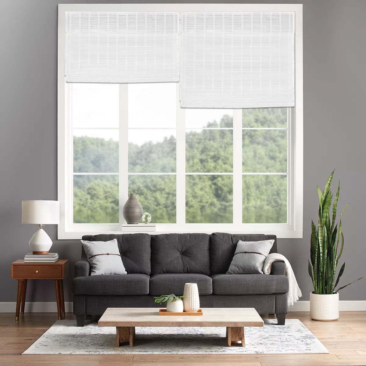 LUSTROWIN No Drill Cordless Bamboo Roman Shades, Custom Light Filtering Window Blinds with Valance, Blackout Blinds for Windows & Doors, Indoor Pull Down Shades, 20-96" Sizes, White