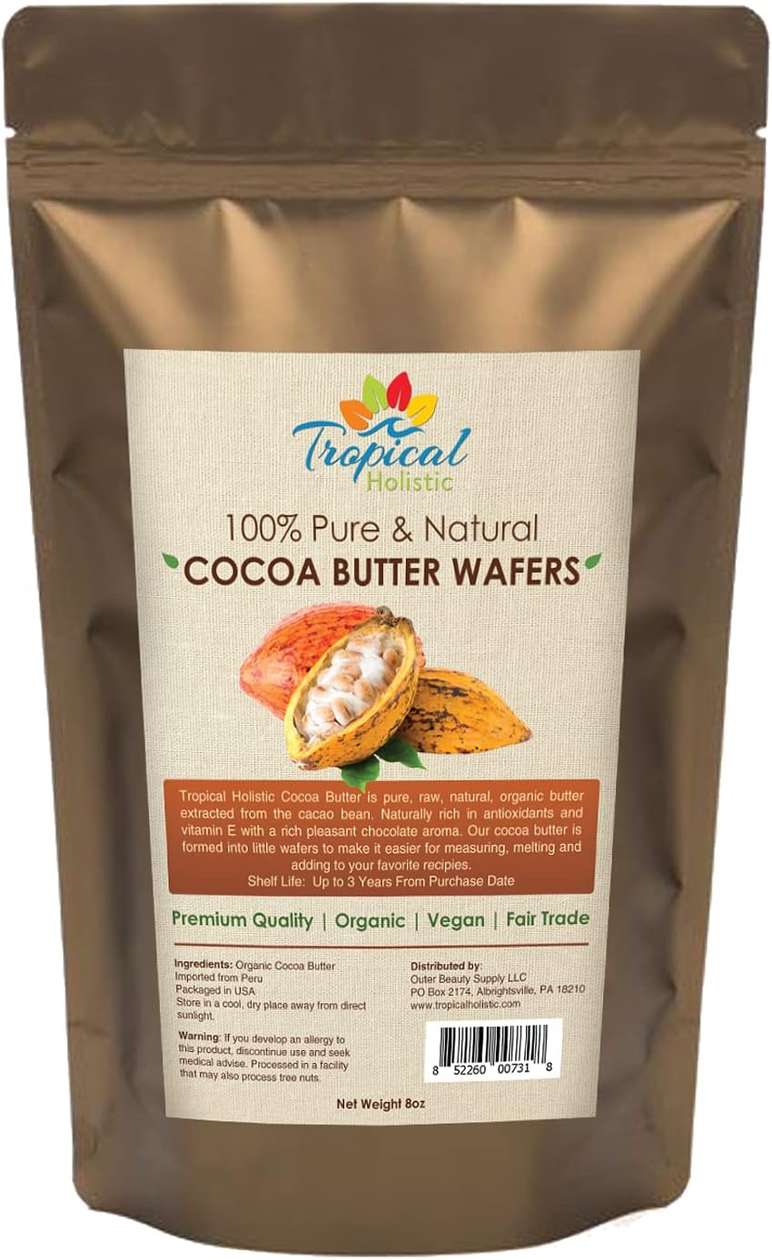 Unrefined Raw Cocoa Butter Wafers 8 oz, 100% Natural Non-Deodorized, Organic Fair Trade Cacao Beans - Food Grade, Paleo, Keto Snacks, Vegan, Hair, Skin, DIY Chocolate Bars, Coffee, Smoothie Recipes