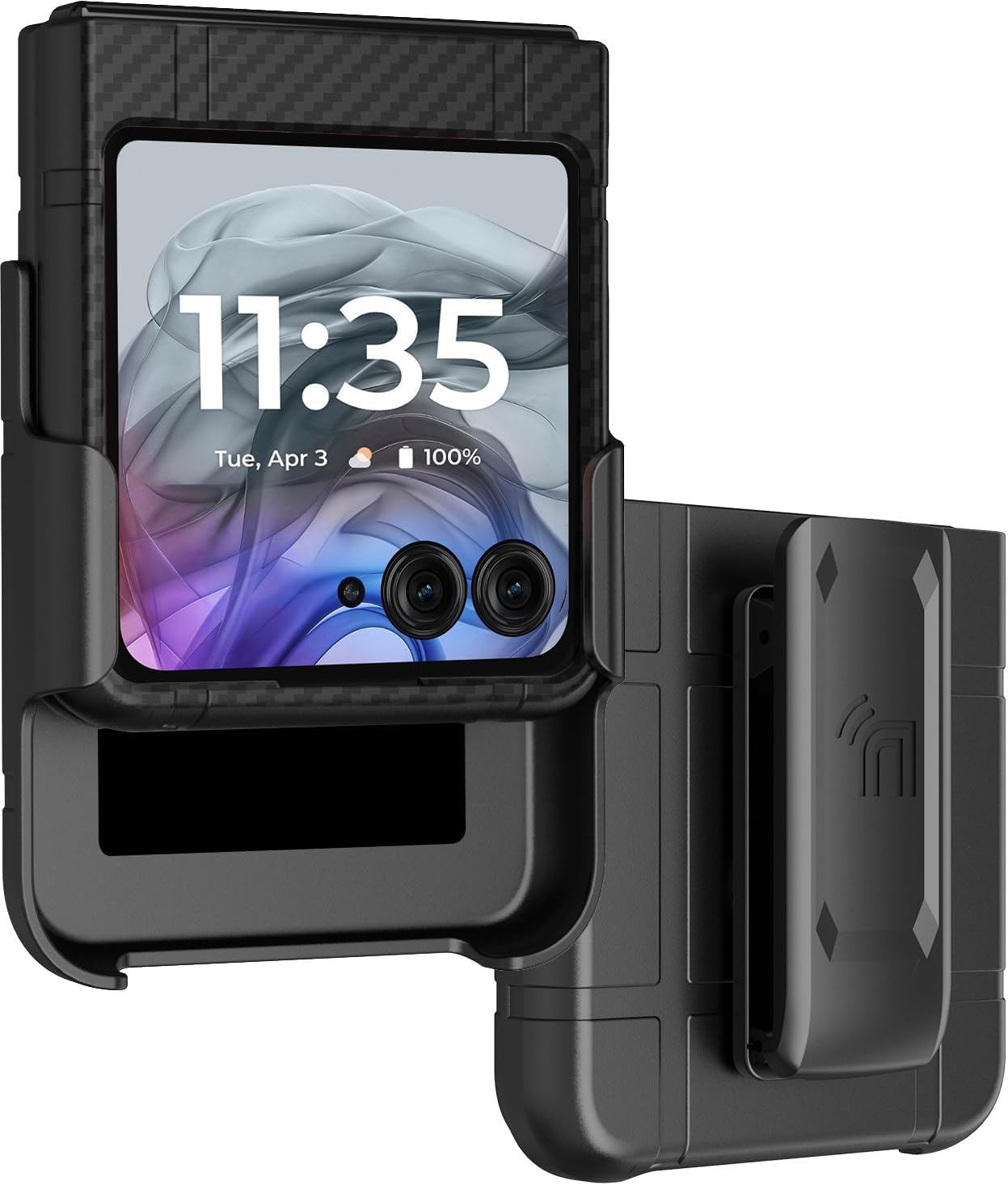 Case with Clip for Motorola RAZR (2024/2025) Flip Phone, Nakedcellphone Textured Slim Hard Shell Cover and [Rotating/Ratchet] Belt Hip Holster Holder Combo - Black Carbon Fiber Design