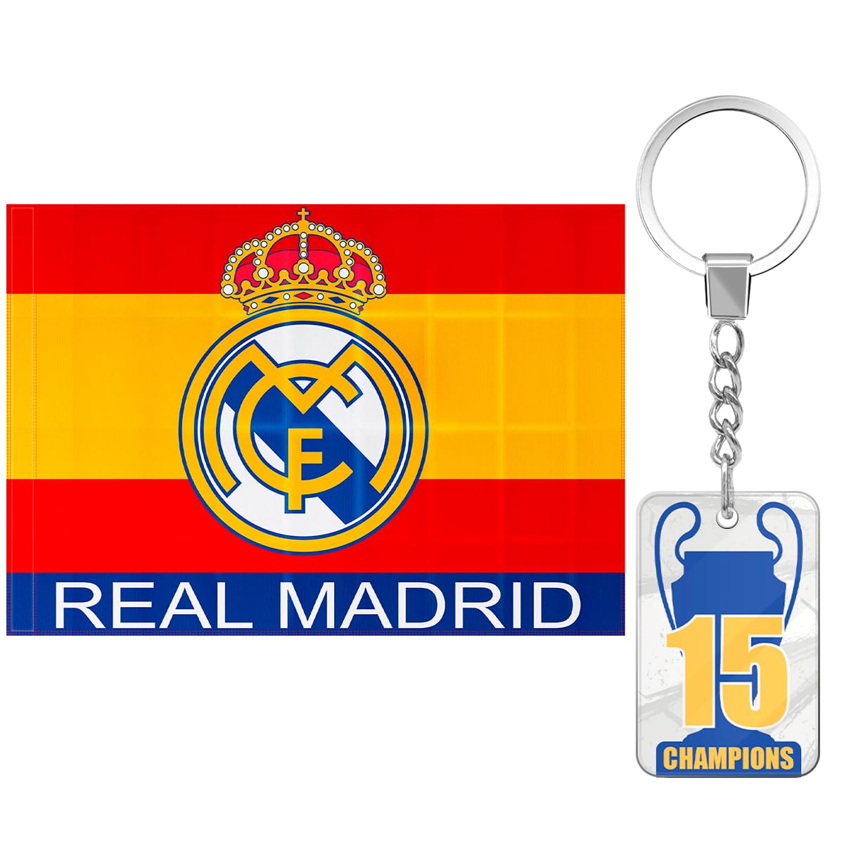 Bandera oficial del Real Madrid Club de Fútbol + Llavero 15 Champios | 150 x 100 cm - Fondo Bandera España escudo en el centro | Producto Oficial