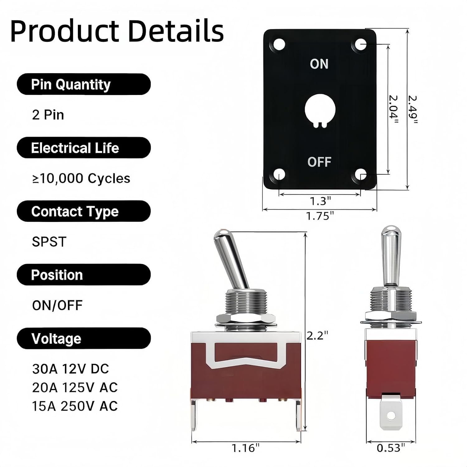 Heavy Duty Waterproof Toggle Switch – 30A 12V DC SPST 2 Pin On/Off with Mounting Panel, for Marine Boat Automotive RV Truck – 1 Pack