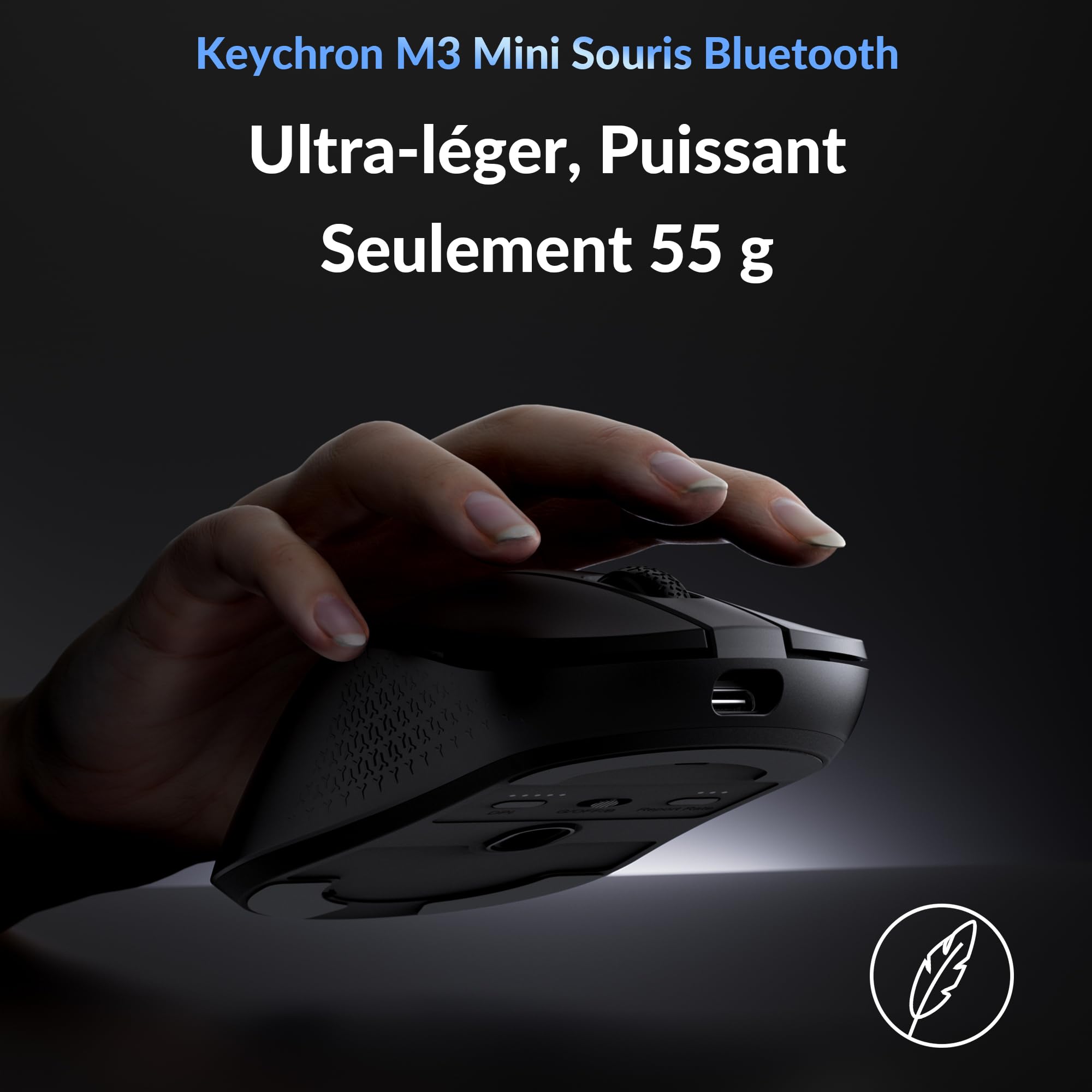 Keychron M3 Mini 8K Souris Gaming, 2,4 GHz/Bluetooth 5,3/Filaire, 55g Ultra-légère, 8000 Hz, Capteur PixArt 3950, Programmable avec Launcher, 30 000 DPI/750 IPS, pour Windows, Mac et Linux - Noir