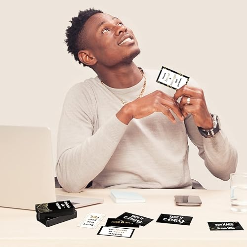 Miniatura 4 de Seajan 200 tarjetas de afirmación positiva para hombres, tarjetas inspiradoras negras motivacionales con citas a granel con cajas para oficina,