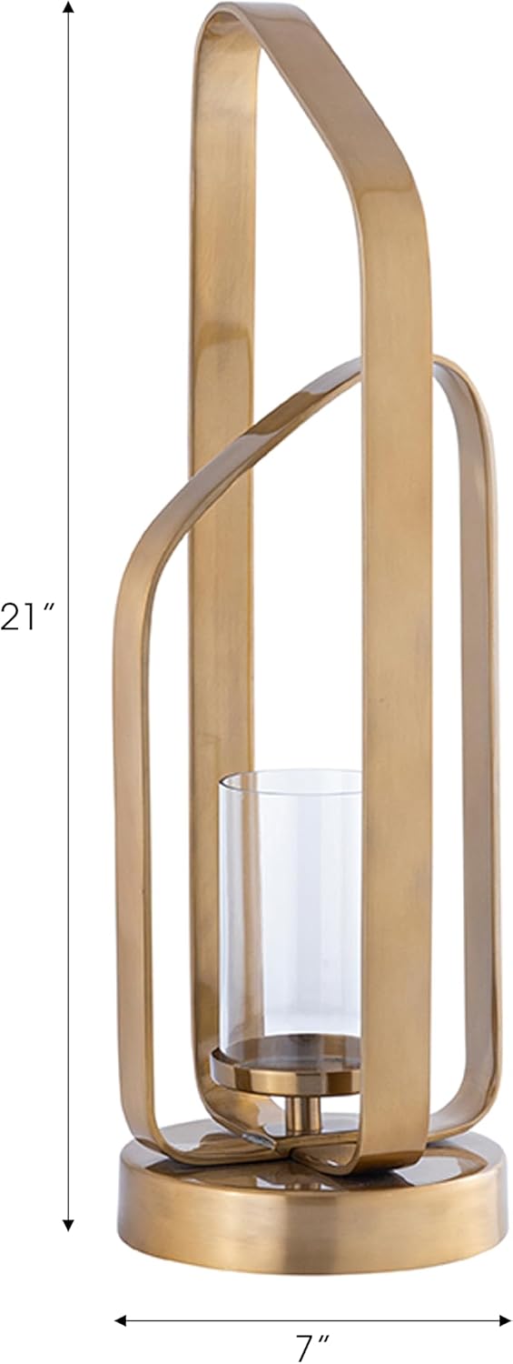Decorative Metal and Glass Candle Holder Hurricane - Stylish Home Decor Accent for Pillar Candlestick Holder or Table Centerpiece - Sculptural Candle Stand Holder for Living Room Decor - 21", Silver