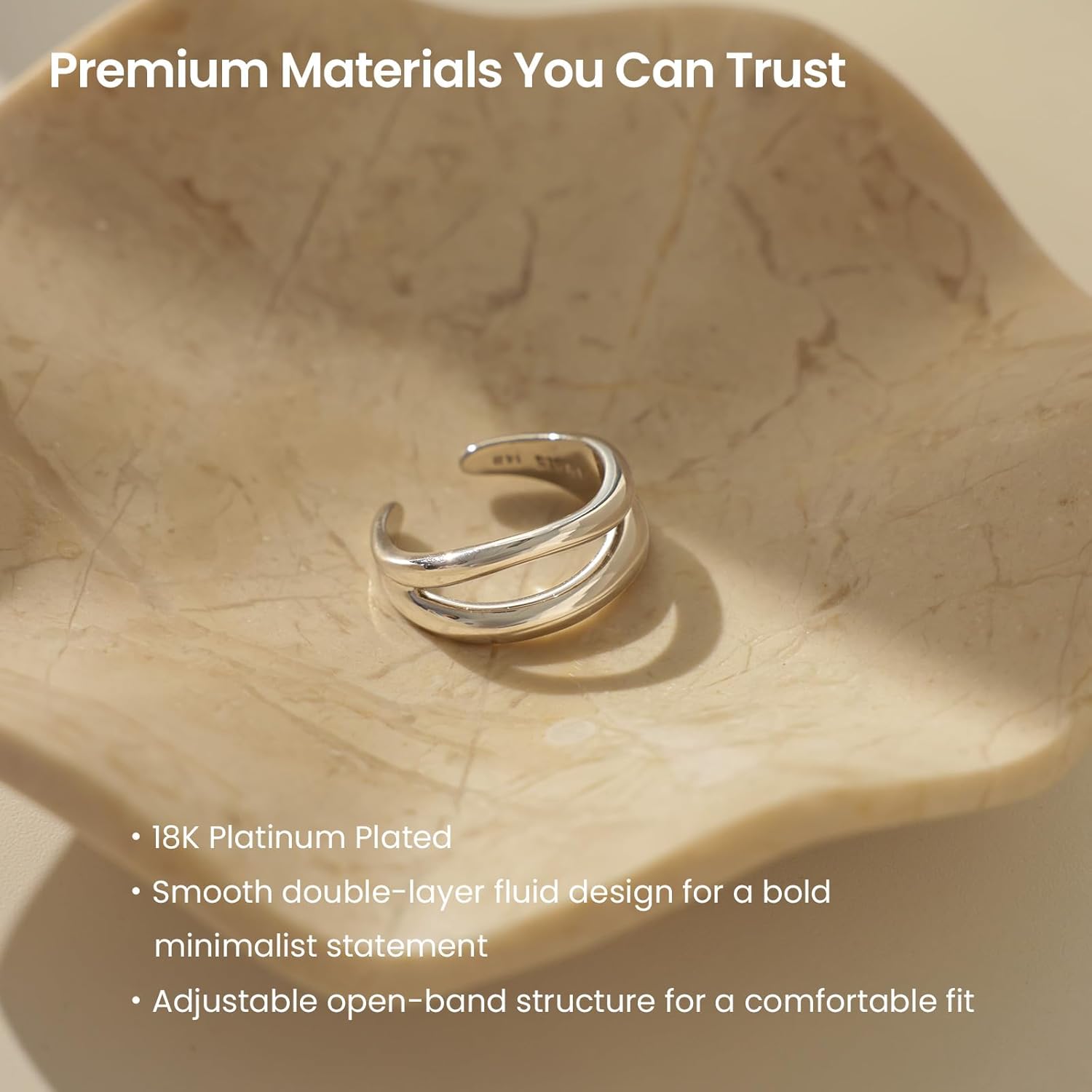 ARSIS Curved Line Double Band Ring for Women, Silver Tone Open Wrap Ring, Minimalist Statement Jewelry