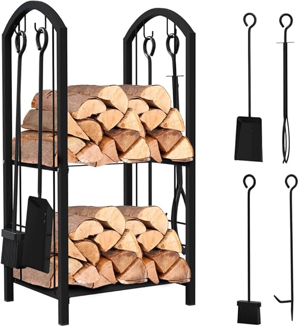 VOUNOT Regał na drewno kominkowe z 4 sztukami kominkowymi, metalowy regał na drewno opałowe do użytku wewnątrz i na zewnątrz, 2 półki, czarny, 38 x 33 x 75 cm