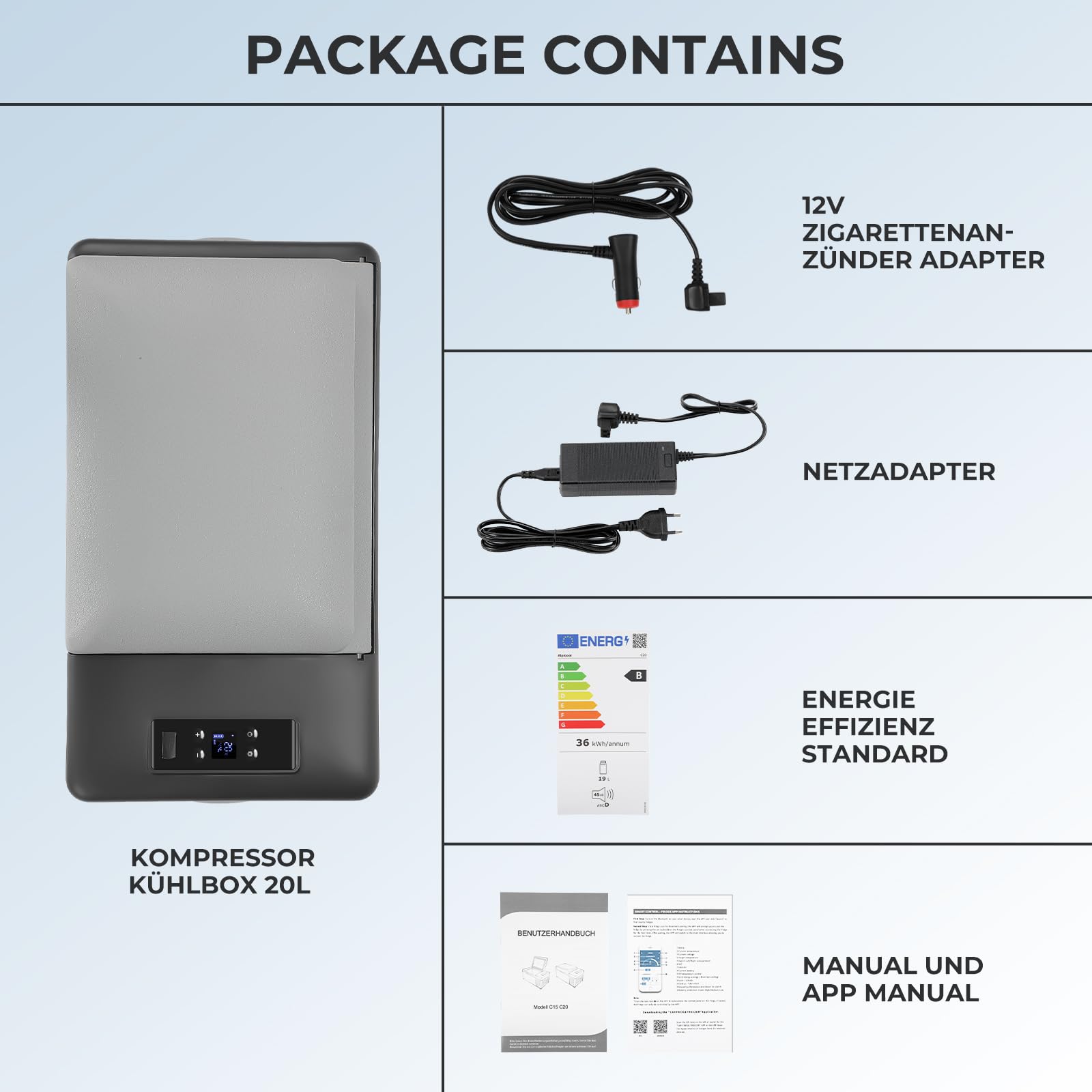 20L Kompressor Kühlbox 12/24V DC & 230V AC Mini Kühlschrank Klein Elektrische Camping-Gefrierbox Tragbare Gefrierschrank für Auto, Lkw, Boot, RV, Camping, Wohnmobil & Reisen, -20℃-20℃, APP Steuerung
