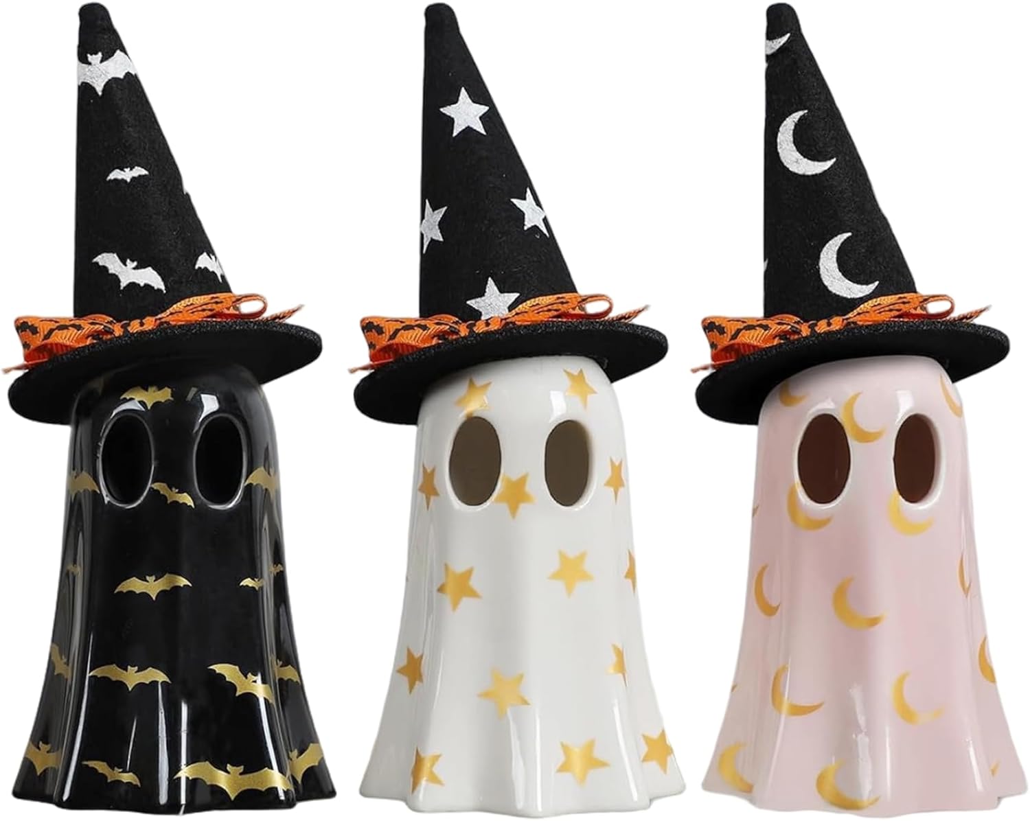 Halloween Decorations Ceramic Ghost Decor 3PCS Light up Cute Ghost Figurine with Witch Hat Spooky Home Decor for Mantel Shelf & Tabletop