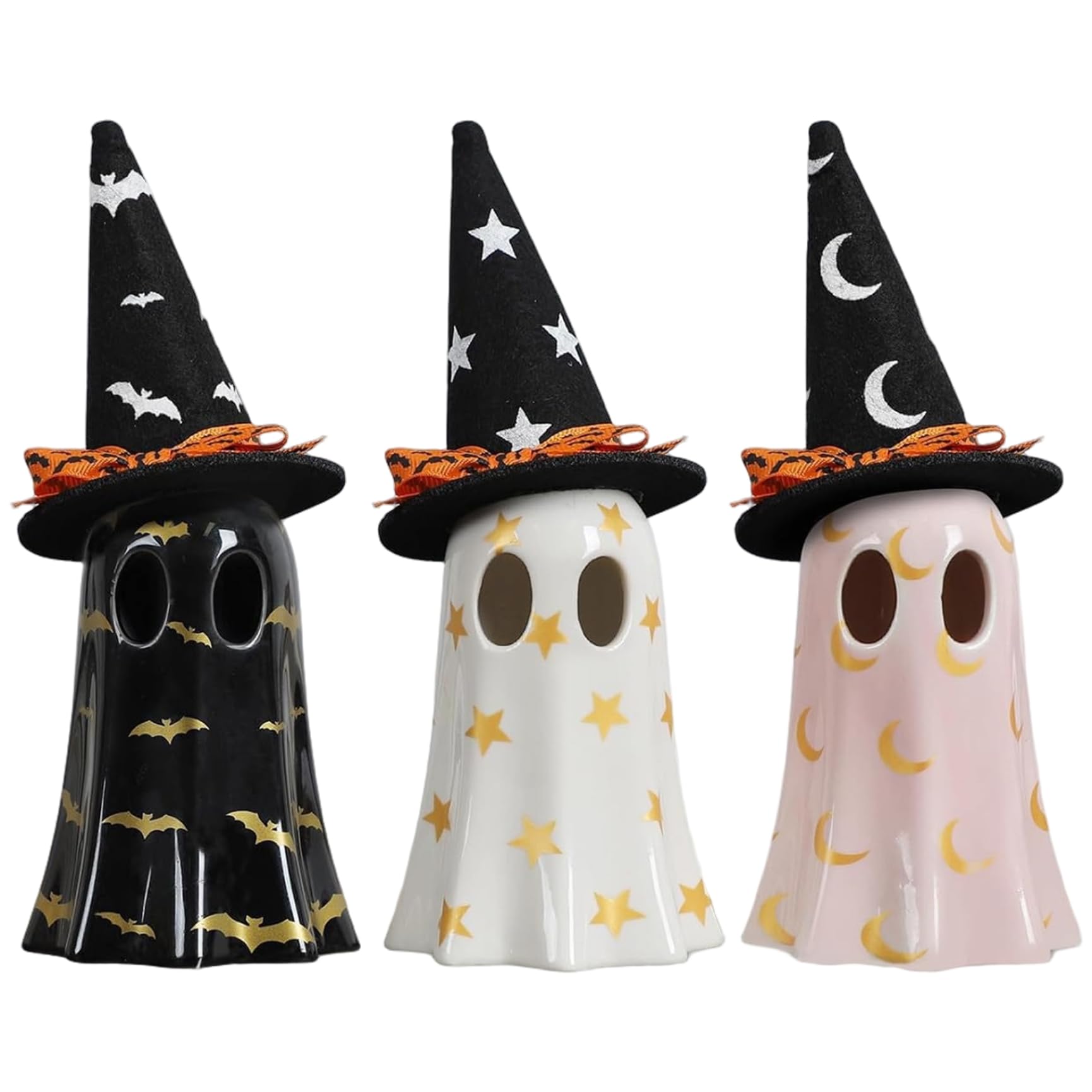 Ameble Ceramic Ghost Decor 3PCS Light up Cute Ghost Figurine with Witch Hat Spooky Home Decor for Mantel Shelf & Tabletop Halloween